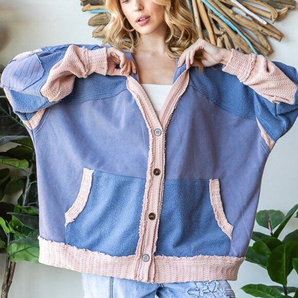 Oli & Hali Sweaters - Oli & Hali Blue Washed Colorblock Hoodie Cardigan